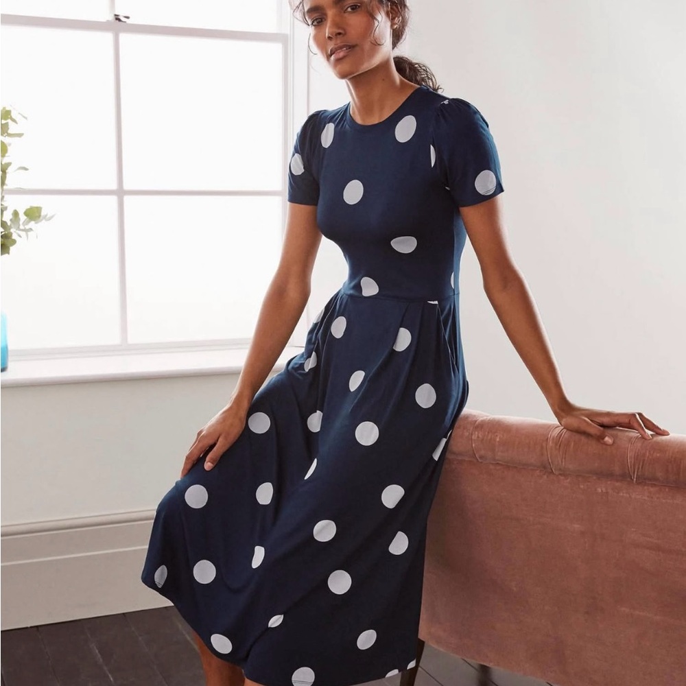 Boden Navy and White Polka Dot Midi Dress
